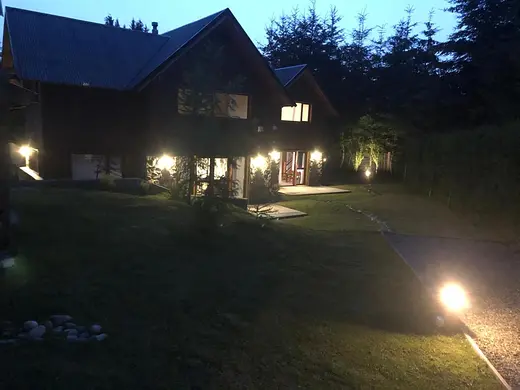 The cabins lit up at dusk
